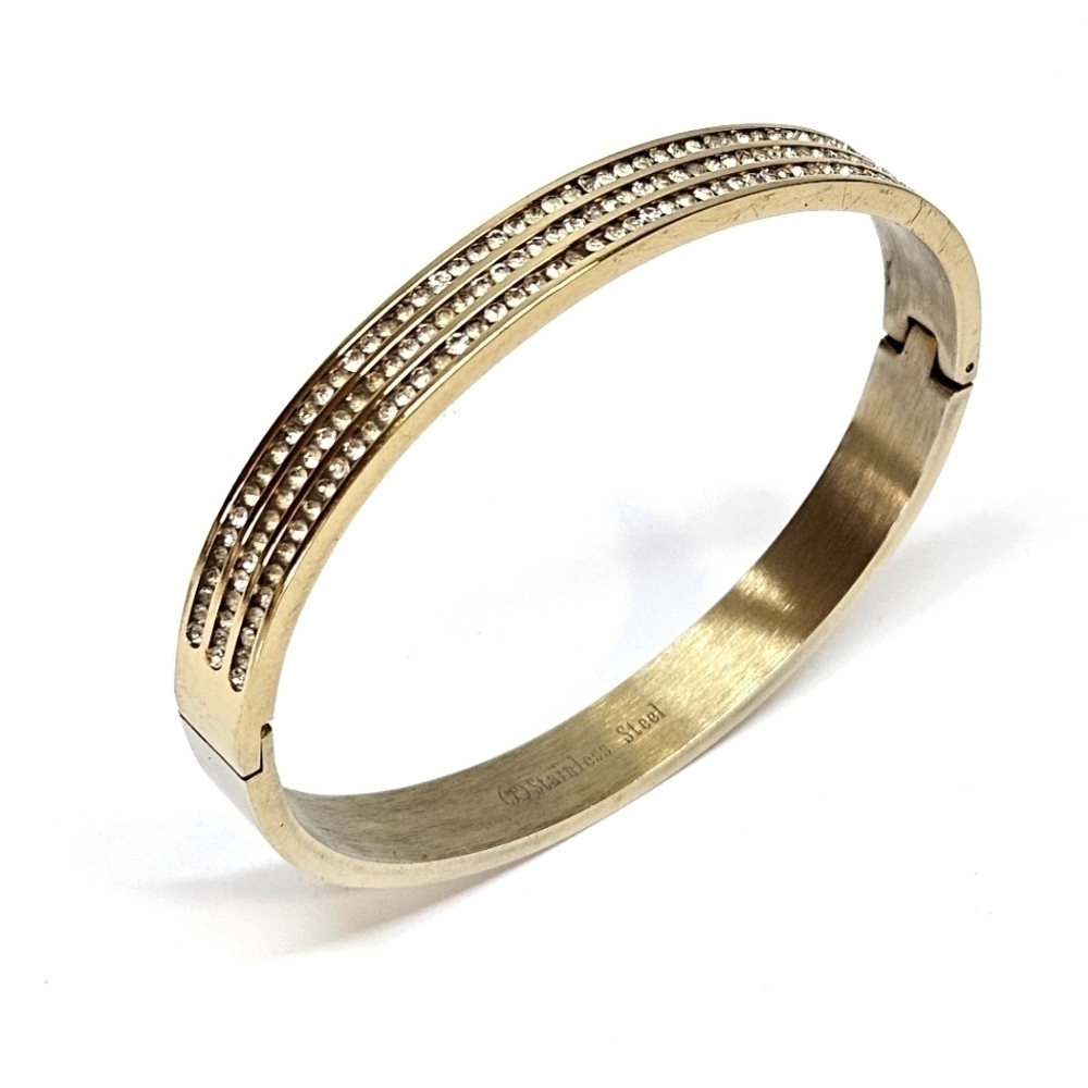 VINTAGE Gold-Tone Three Row Rhinestone Hinge Bangle Bracelet Stainless Steel